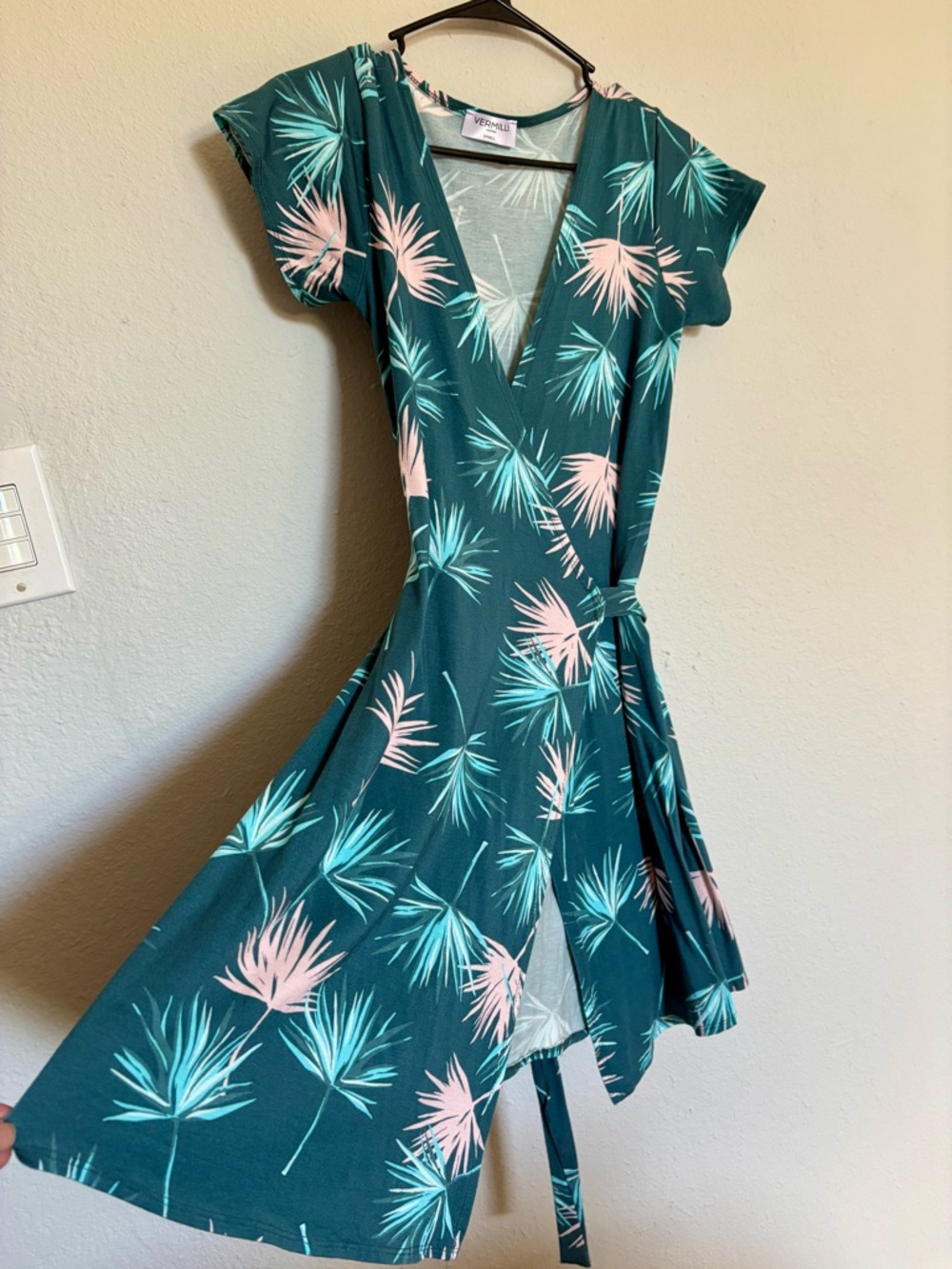Teal Palm-Print Wrap Midi Dress with Pink Accents -